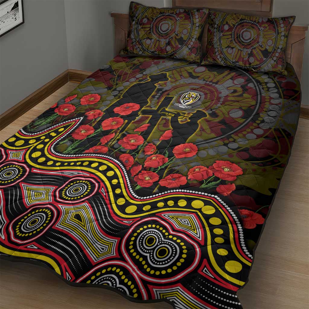 Richmond Tigers ANZAC Day Quilt Bed Set Indigenous Dot Art with Poppy Flower Tribute