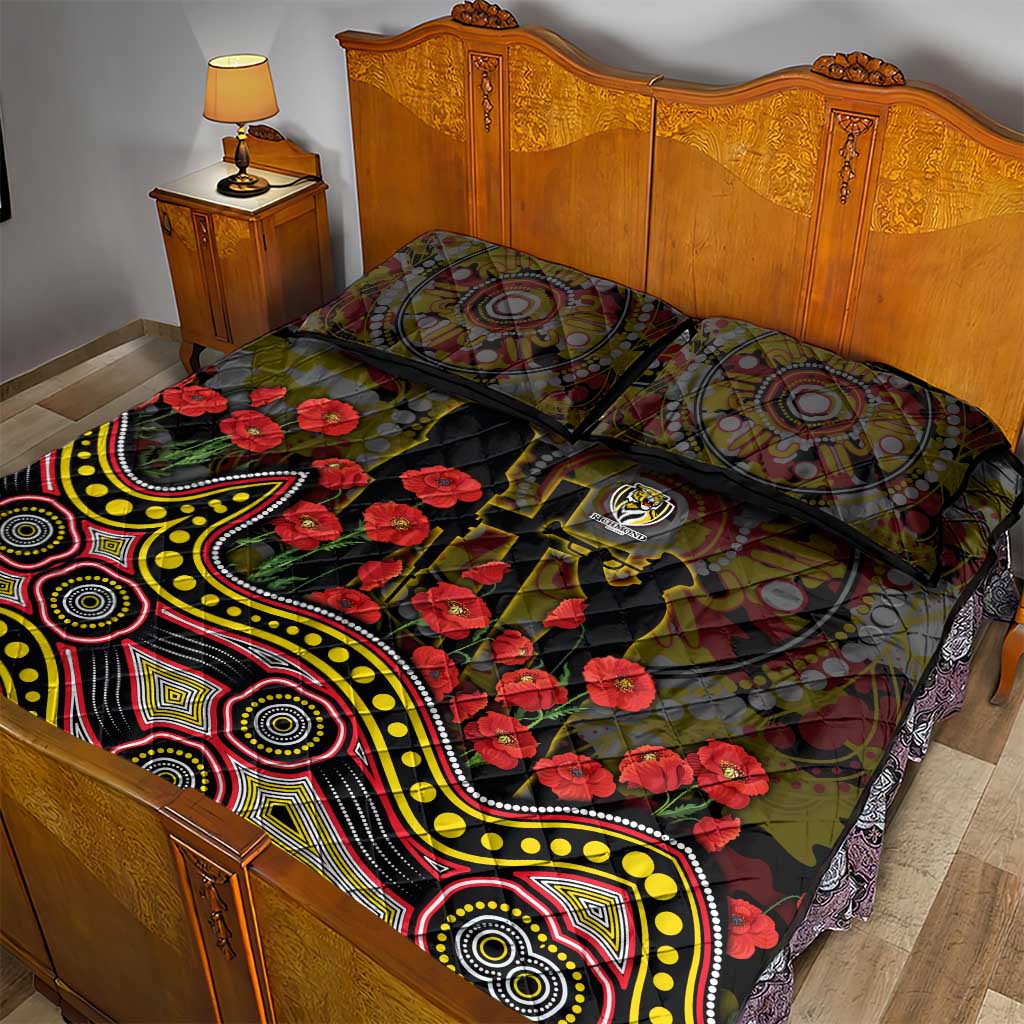Richmond Tigers ANZAC Day Quilt Bed Set Indigenous Dot Art with Poppy Flower Tribute