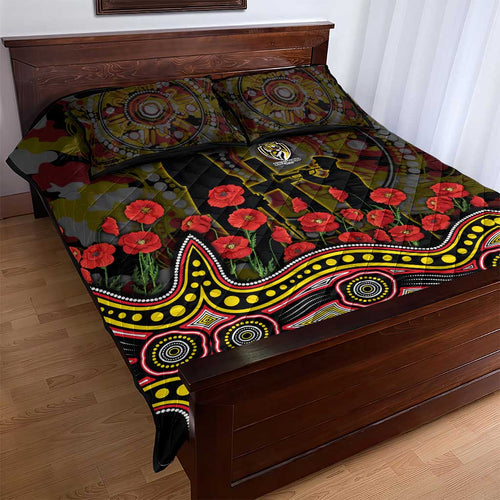 Richmond Tigers ANZAC Day Quilt Bed Set Indigenous Dot Art with Poppy Flower Tribute