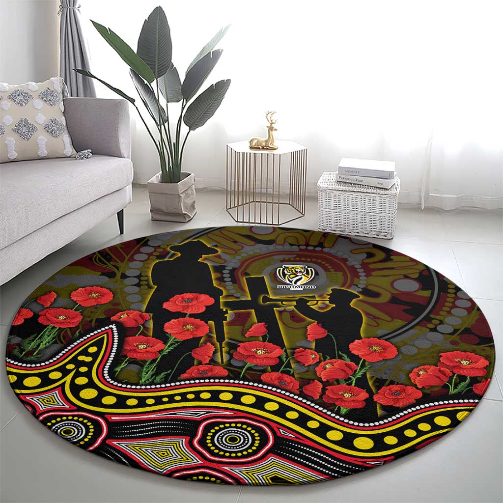 Richmond Tigers ANZAC Day Round Carpet Indigenous Dot Art with Poppy Flower Tribute