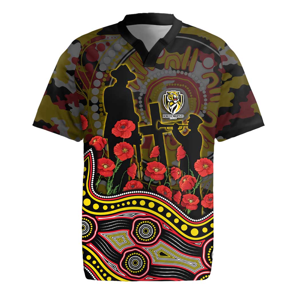 Richmond Tigers ANZAC Day Rugby Jersey Indigenous Dot Art with Poppy Flower Tribute