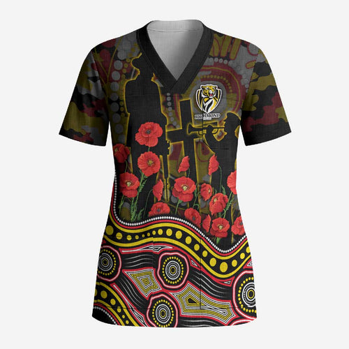 Richmond Tigers ANZAC Day Scrub Top Indigenous Dot Art with Poppy Flower Tribute
