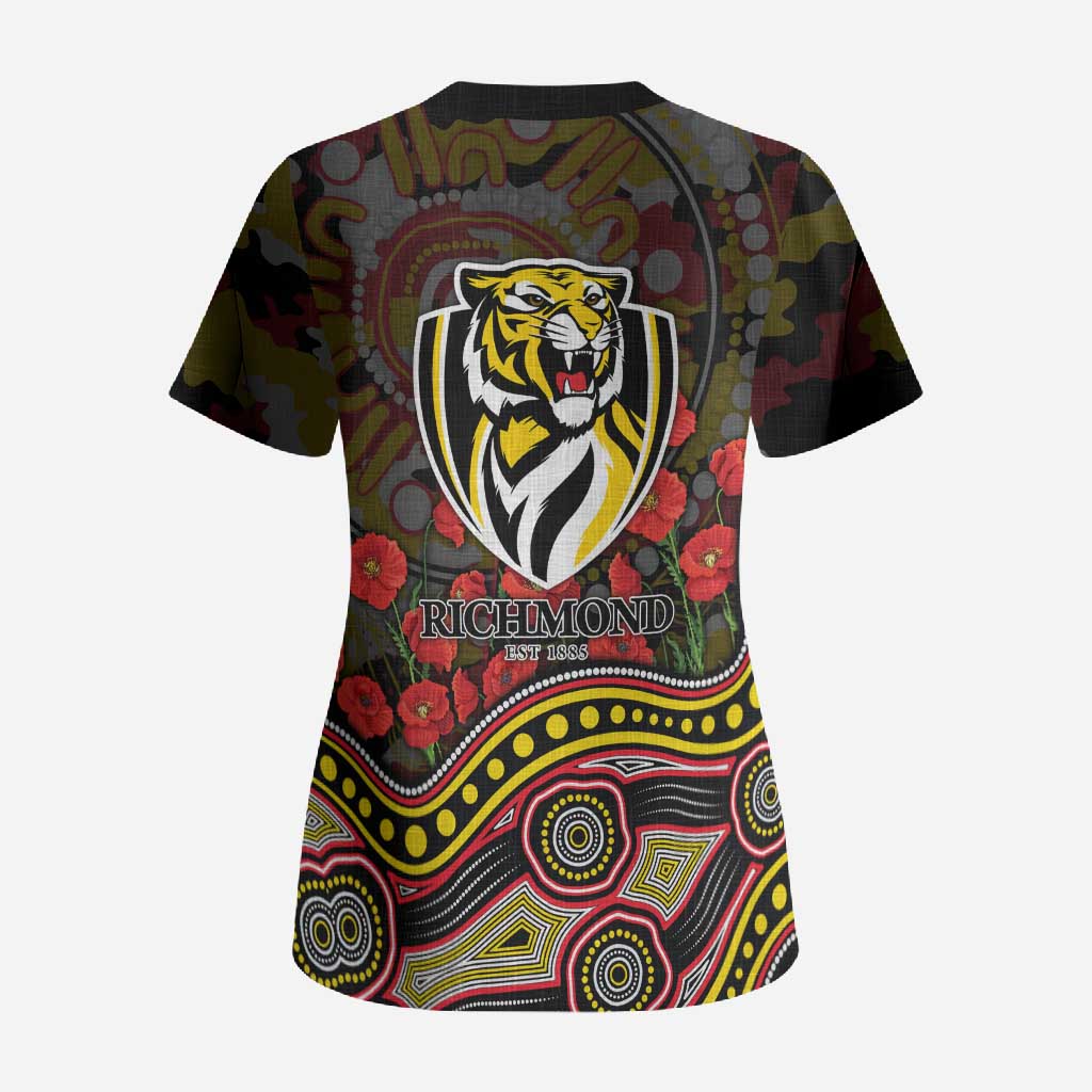 Richmond Tigers ANZAC Day Scrub Top Indigenous Dot Art with Poppy Flower Tribute