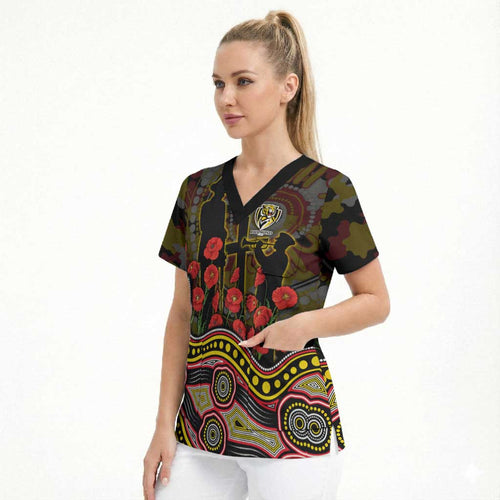 Richmond Tigers ANZAC Day Scrub Top Indigenous Dot Art with Poppy Flower Tribute