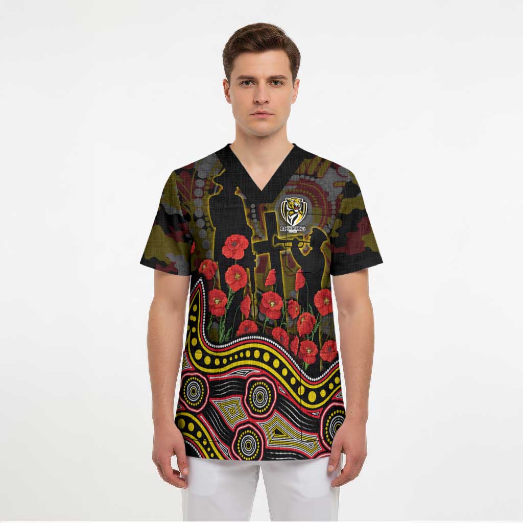 Richmond Tigers ANZAC Day Scrub Top Indigenous Dot Art with Poppy Flower Tribute