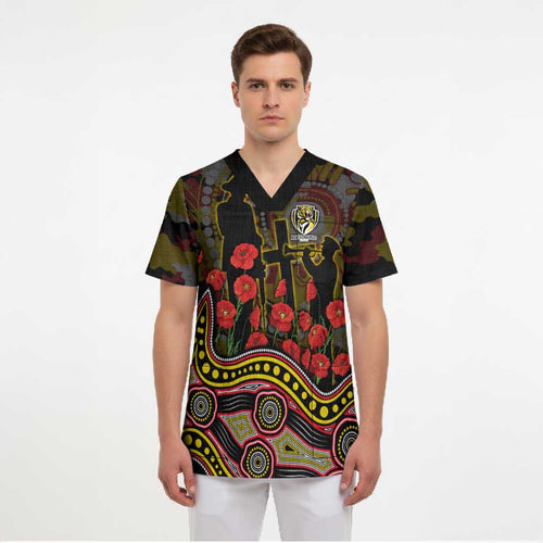 Richmond Tigers ANZAC Day Scrub Top Indigenous Dot Art with Poppy Flower Tribute