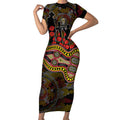 Richmond Tigers ANZAC Day Short Sleeve Bodycon Dress Indigenous Dot Art with Poppy Flower Tribute