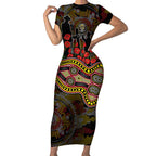 Richmond Tigers ANZAC Day Short Sleeve Bodycon Dress Indigenous Dot Art with Poppy Flower Tribute