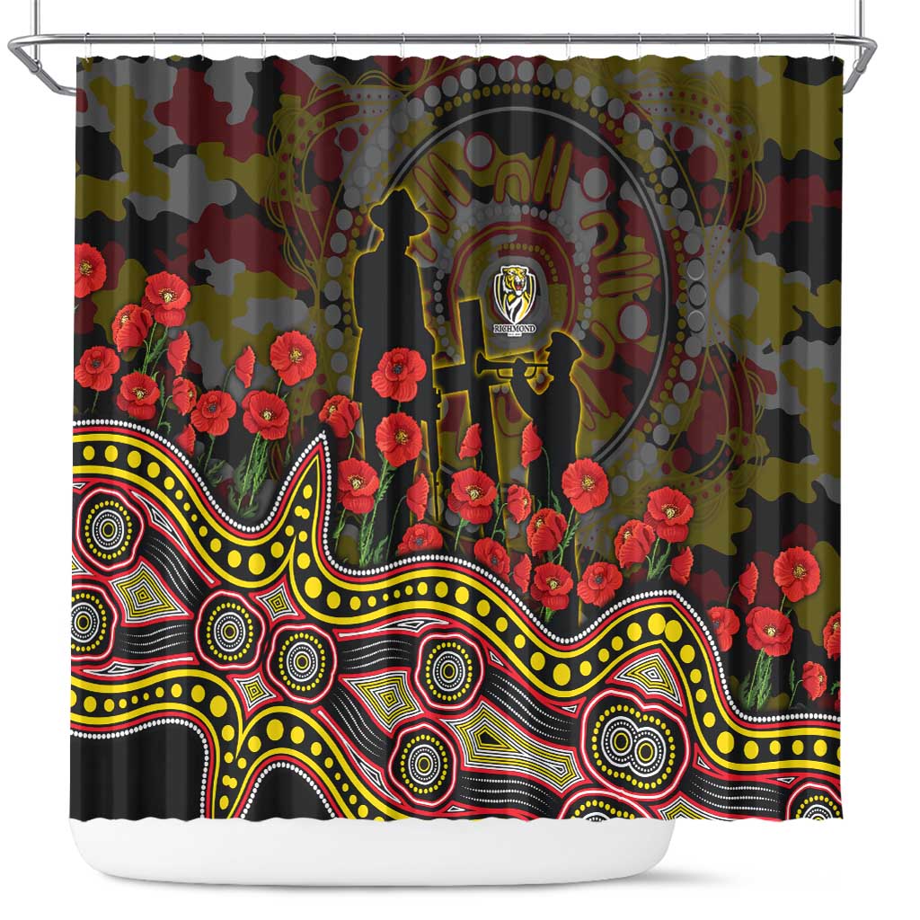 Richmond Tigers ANZAC Day Shower Curtain Indigenous Dot Art with Poppy Flower Tribute