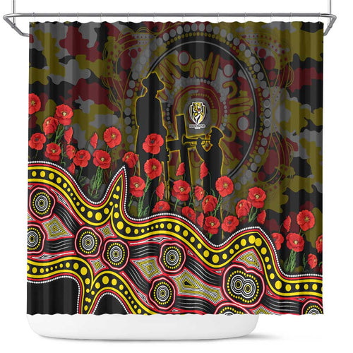 Richmond Tigers ANZAC Day Shower Curtain Indigenous Dot Art with Poppy Flower Tribute