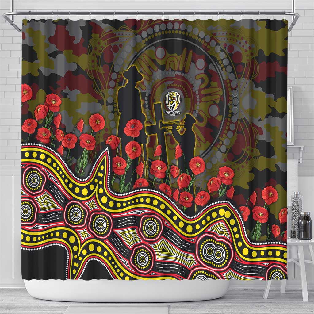 Richmond Tigers ANZAC Day Shower Curtain Indigenous Dot Art with Poppy Flower Tribute