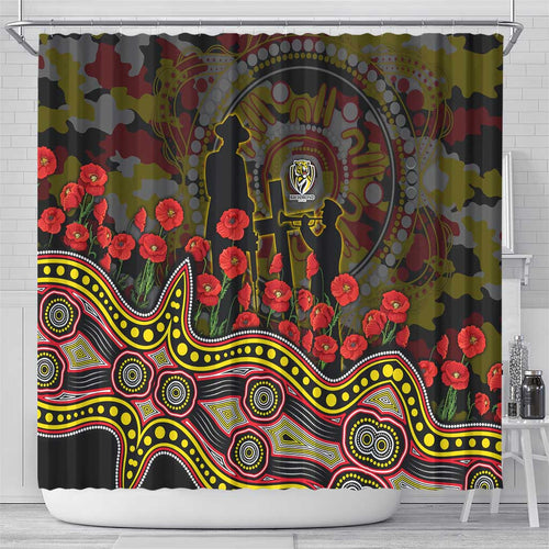 Richmond Tigers ANZAC Day Shower Curtain Indigenous Dot Art with Poppy Flower Tribute