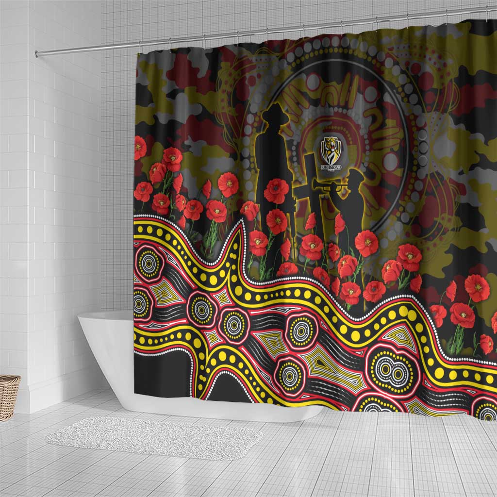 Richmond Tigers ANZAC Day Shower Curtain Indigenous Dot Art with Poppy Flower Tribute