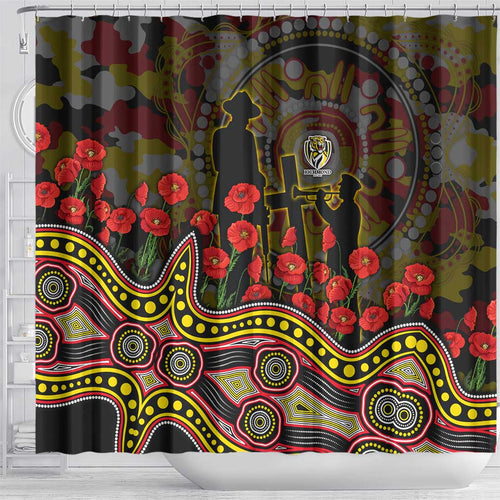 Richmond Tigers ANZAC Day Shower Curtain Indigenous Dot Art with Poppy Flower Tribute