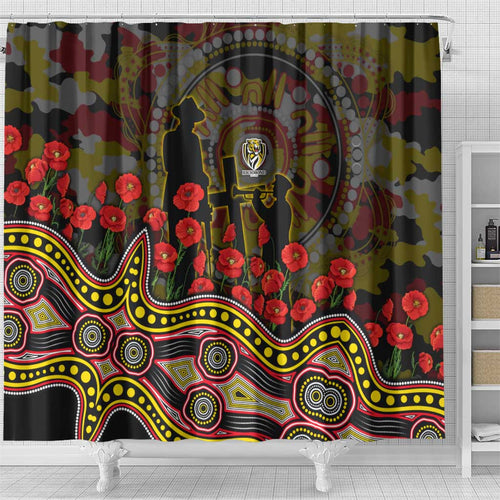 Richmond Tigers ANZAC Day Shower Curtain Indigenous Dot Art with Poppy Flower Tribute