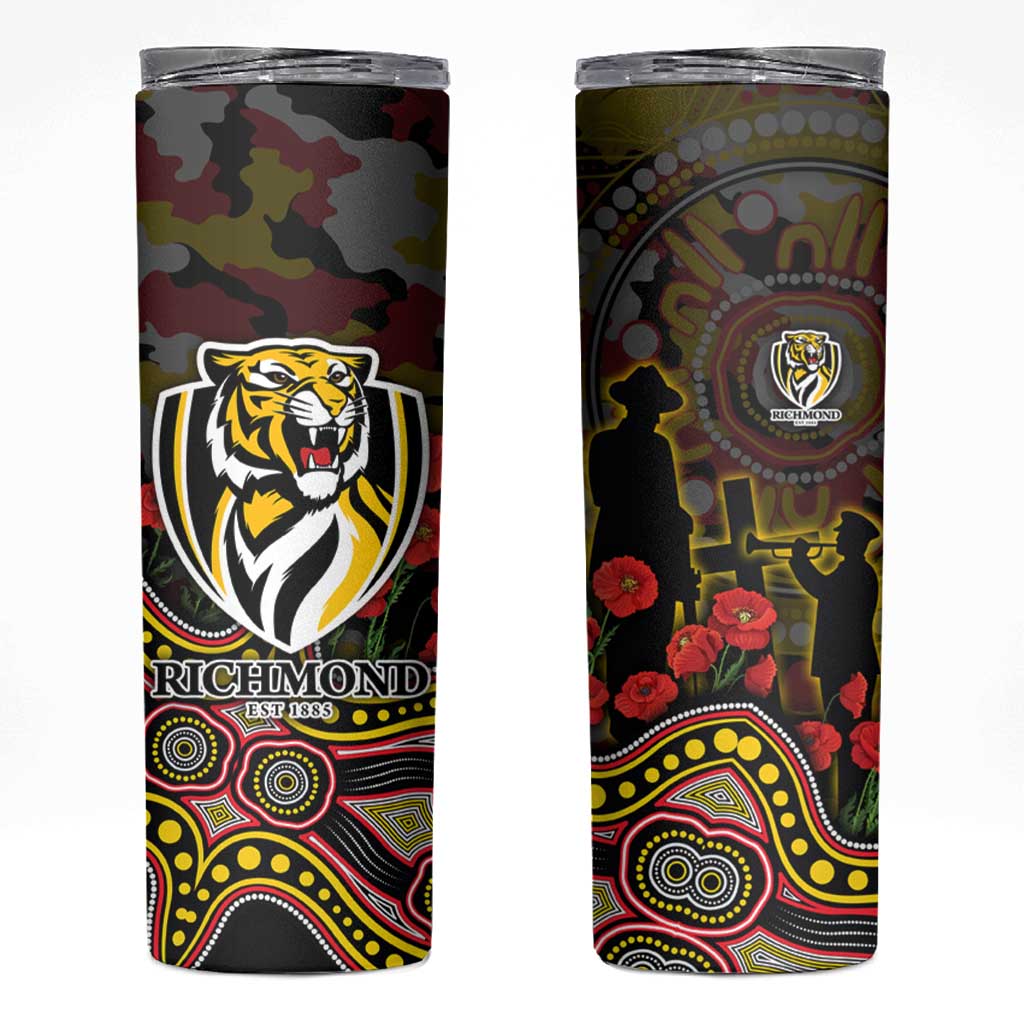 Richmond Tigers ANZAC Day Skinny Tumbler Indigenous Dot Art with Poppy Flower Tribute
