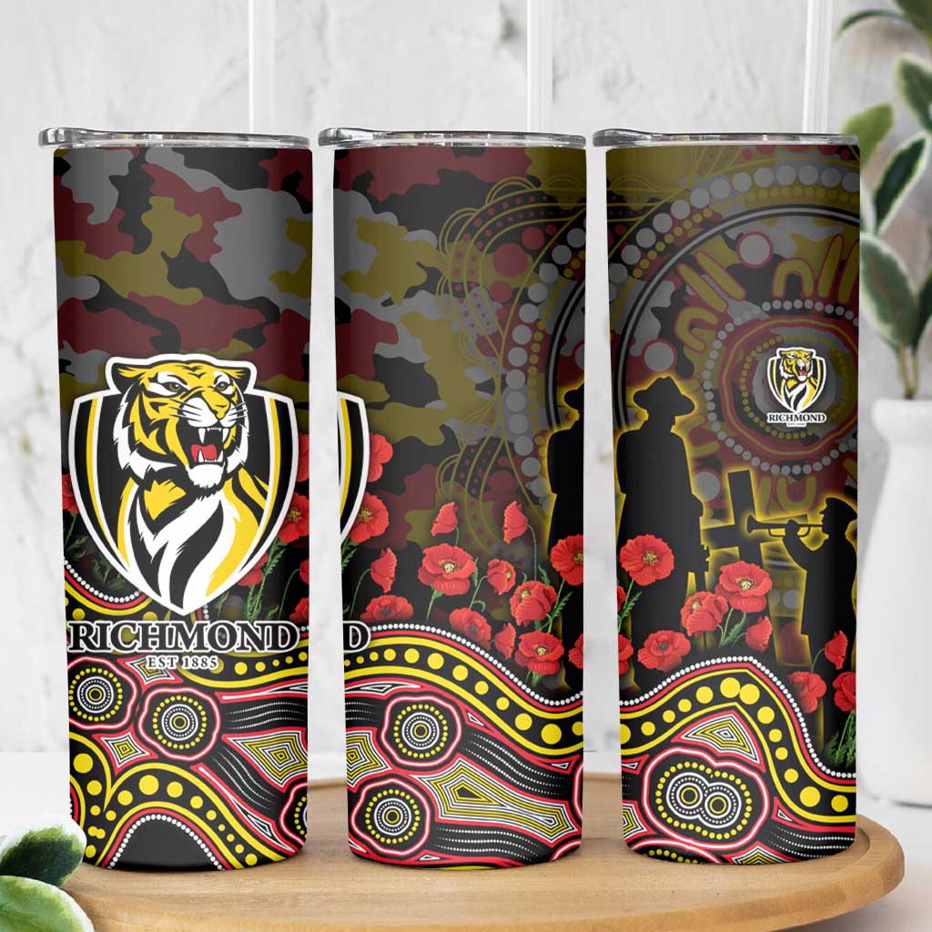 Richmond Tigers ANZAC Day Skinny Tumbler Indigenous Dot Art with Poppy Flower Tribute