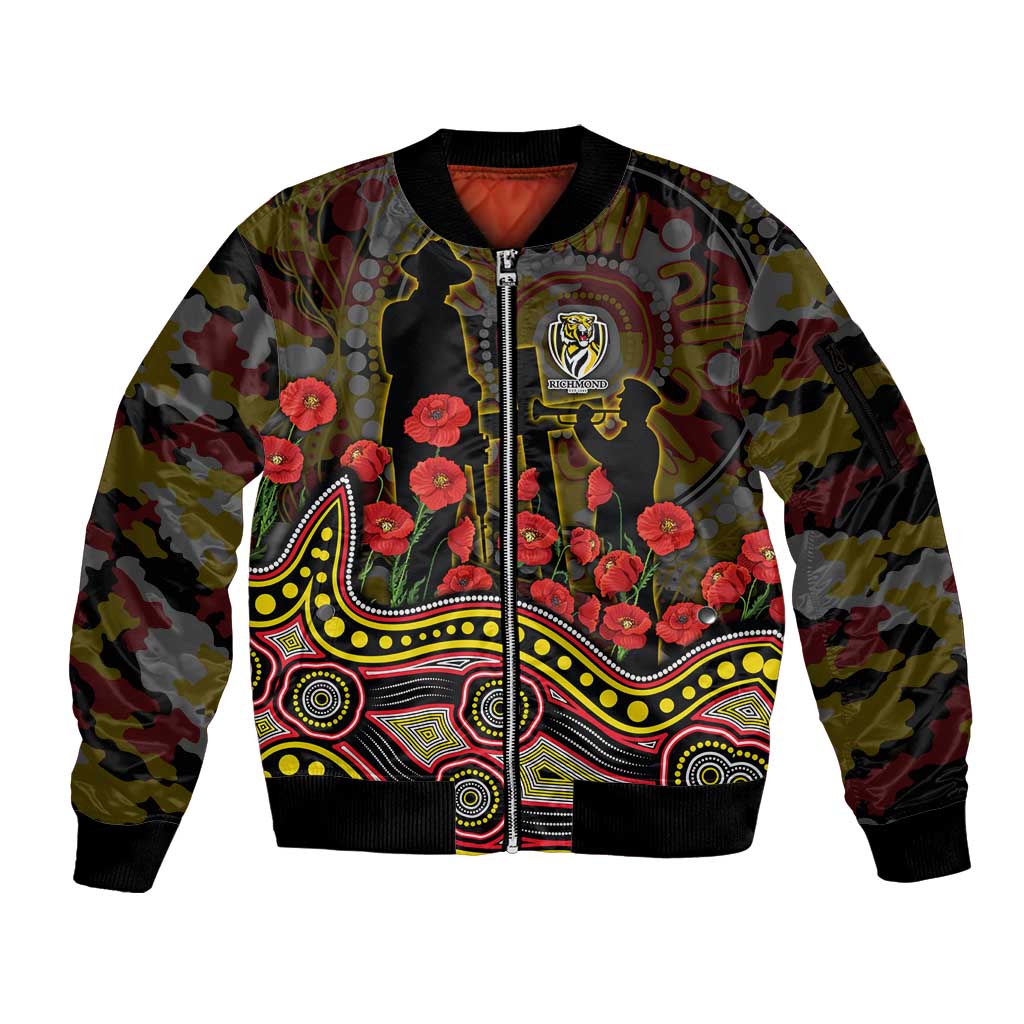 Richmond Tigers ANZAC Day Sleeve Zip Bomber Jacket Indigenous Dot Art with Poppy Flower Tribute