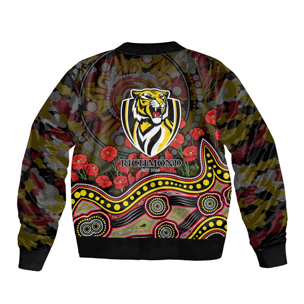 Richmond Tigers ANZAC Day Sleeve Zip Bomber Jacket Indigenous Dot Art with Poppy Flower Tribute
