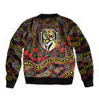 Richmond Tigers ANZAC Day Sleeve Zip Bomber Jacket Indigenous Dot Art with Poppy Flower Tribute