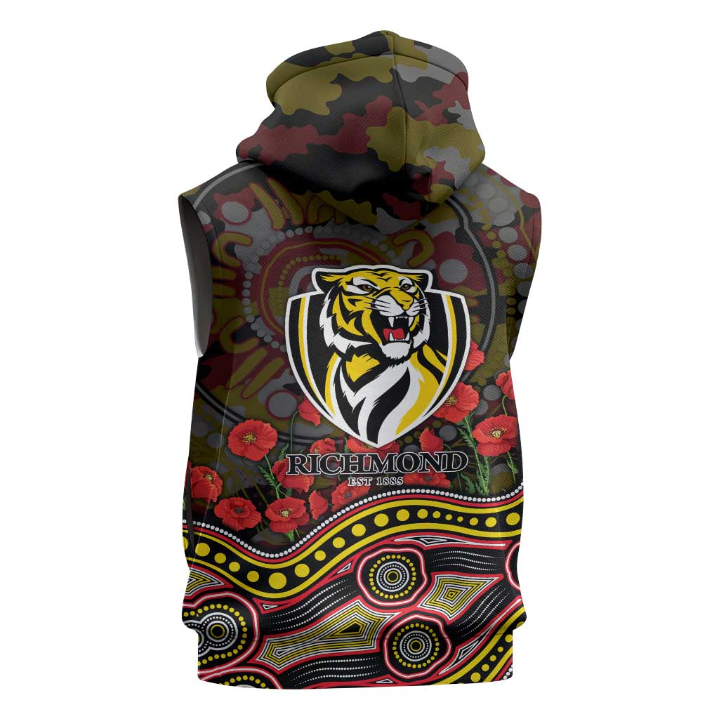 Richmond Tigers ANZAC Day Sleeveless Hoodie Indigenous Dot Art with Poppy Flower Tribute