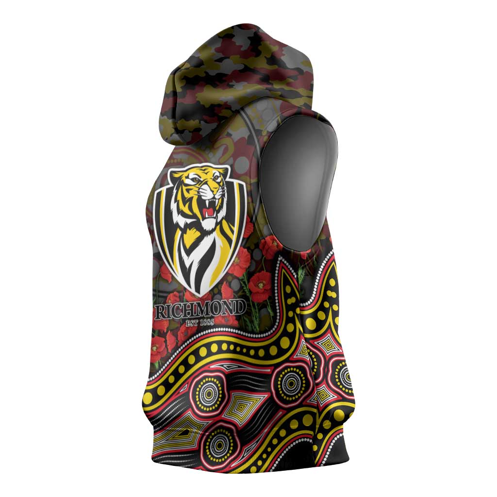 Richmond Tigers ANZAC Day Sleeveless Hoodie Indigenous Dot Art with Poppy Flower Tribute