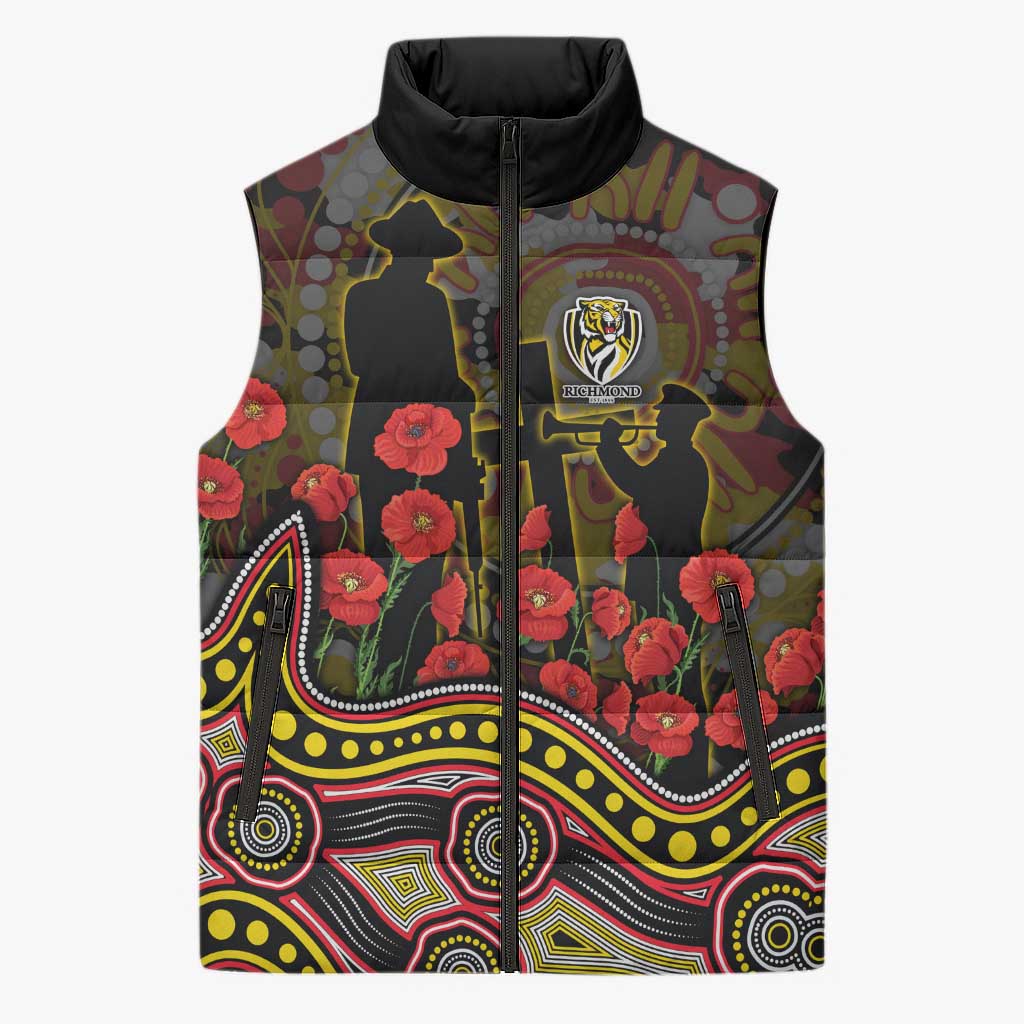 Richmond Tigers ANZAC Day Sleeveless Puffer Jacket Indigenous Dot Art with Poppy Flower Tribute