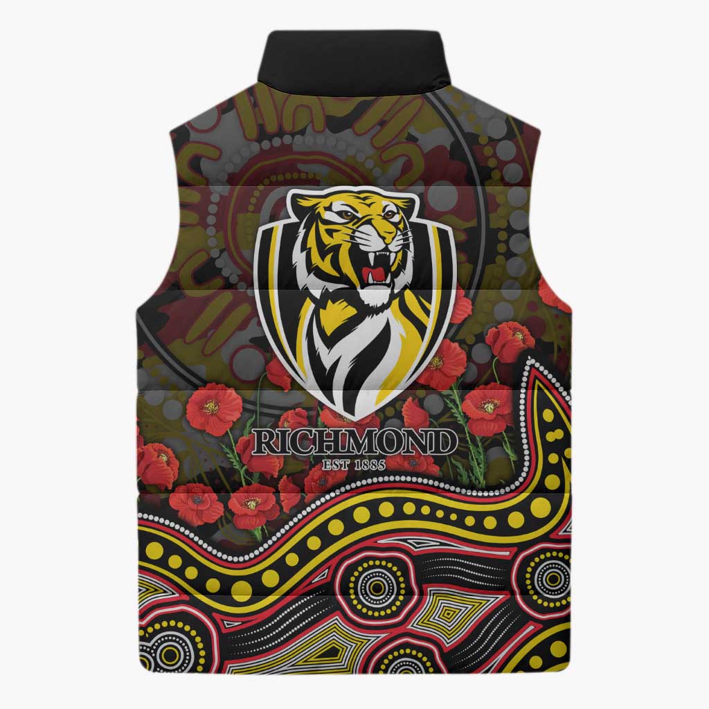 Richmond Tigers ANZAC Day Sleeveless Puffer Jacket Indigenous Dot Art with Poppy Flower Tribute