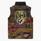 Richmond Tigers ANZAC Day Sleeveless Puffer Jacket Indigenous Dot Art with Poppy Flower Tribute