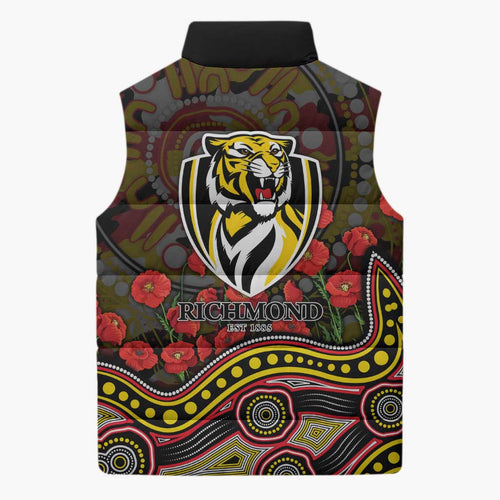 Richmond Tigers ANZAC Day Sleeveless Puffer Jacket Indigenous Dot Art with Poppy Flower Tribute