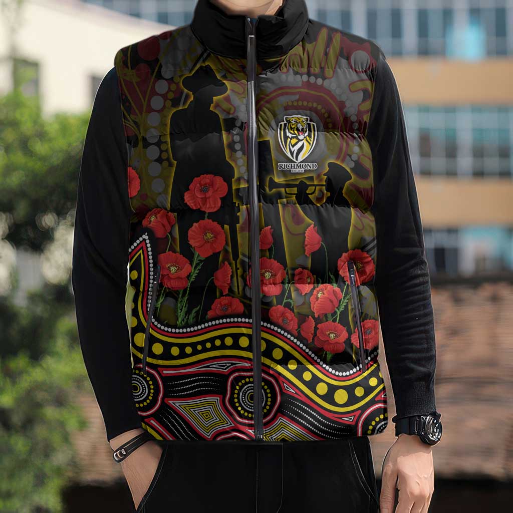 Richmond Tigers ANZAC Day Sleeveless Puffer Jacket Indigenous Dot Art with Poppy Flower Tribute