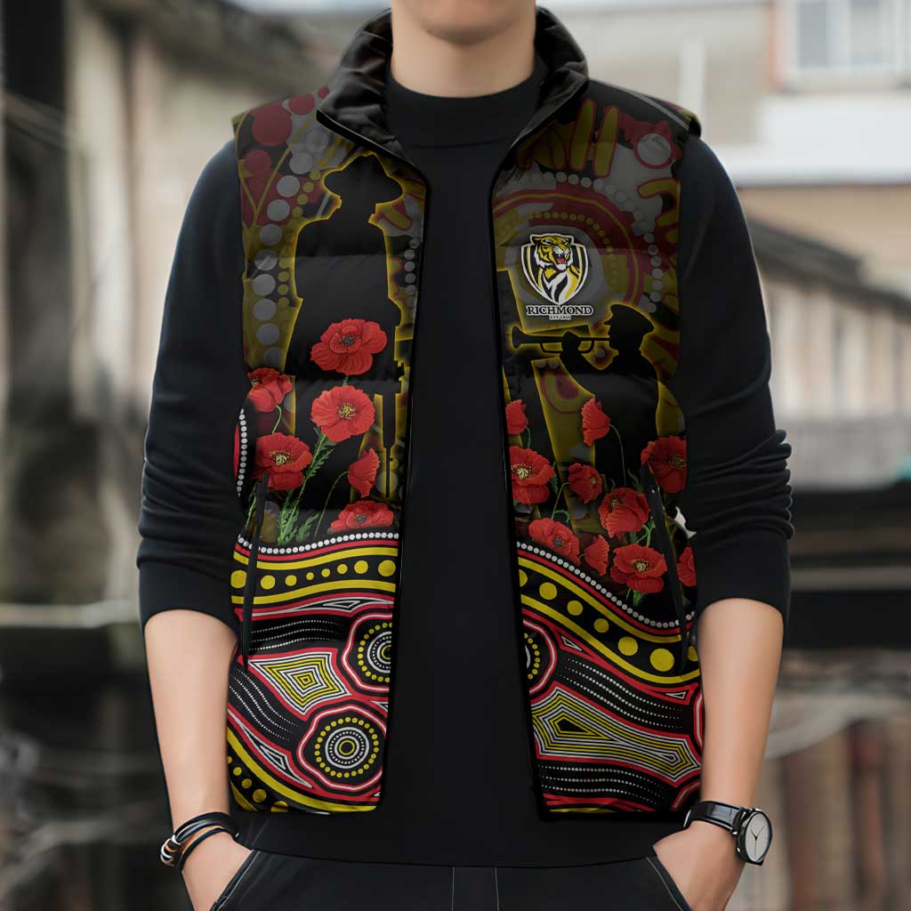 Richmond Tigers ANZAC Day Sleeveless Puffer Jacket Indigenous Dot Art with Poppy Flower Tribute