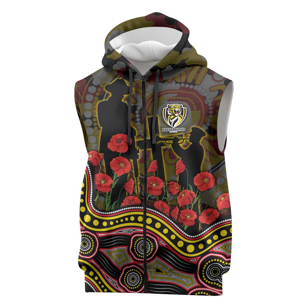 Richmond Tigers ANZAC Day Sleeveless Zip Hoodie Indigenous Dot Art with Poppy Flower Tribute