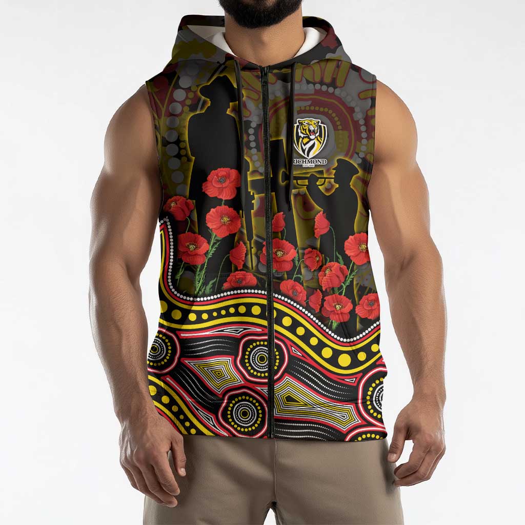 Richmond Tigers ANZAC Day Sleeveless Zip Hoodie Indigenous Dot Art with Poppy Flower Tribute