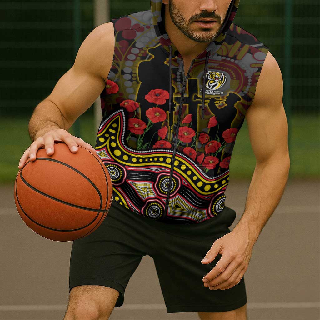 Richmond Tigers ANZAC Day Sleeveless Zip Hoodie Indigenous Dot Art with Poppy Flower Tribute