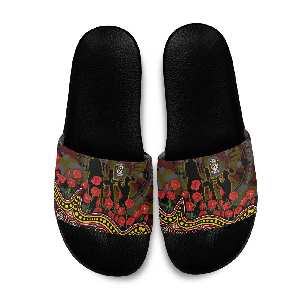 Richmond Tigers ANZAC Day Slide Sandals Indigenous Dot Art with Poppy Flower Tribute