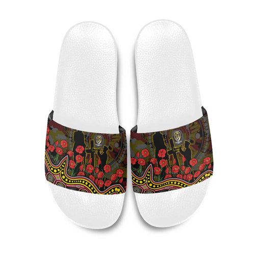 Richmond Tigers ANZAC Day Slide Sandals Indigenous Dot Art with Poppy Flower Tribute