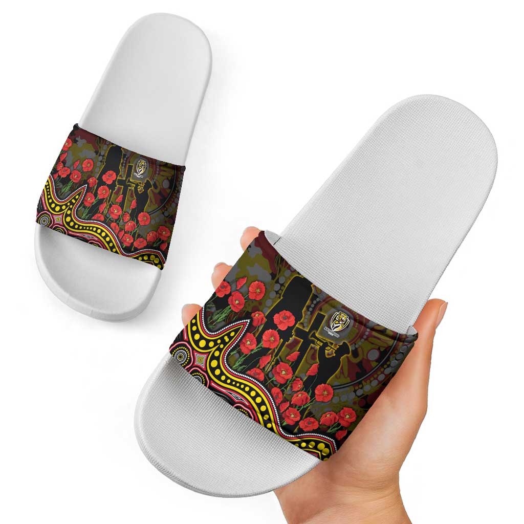 Richmond Tigers ANZAC Day Slide Sandals Indigenous Dot Art with Poppy Flower Tribute