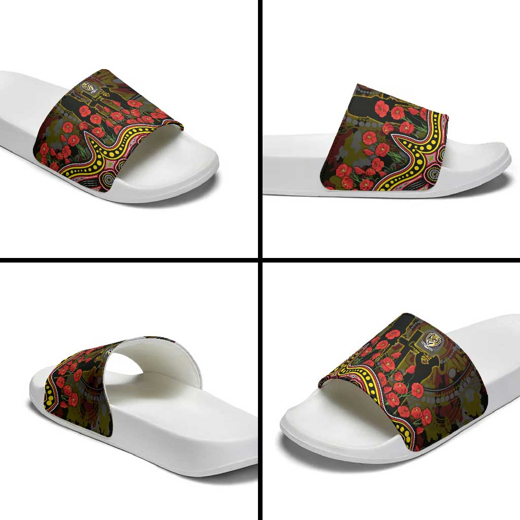 Richmond Tigers ANZAC Day Slide Sandals Indigenous Dot Art with Poppy Flower Tribute