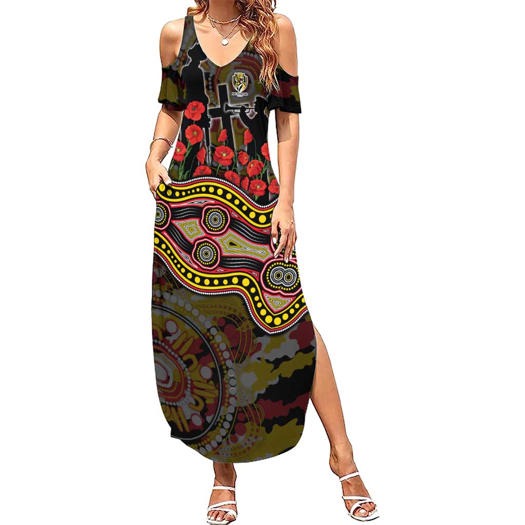 Richmond Tigers ANZAC Day Summer Maxi Dress Indigenous Dot Art with Poppy Flower Tribute