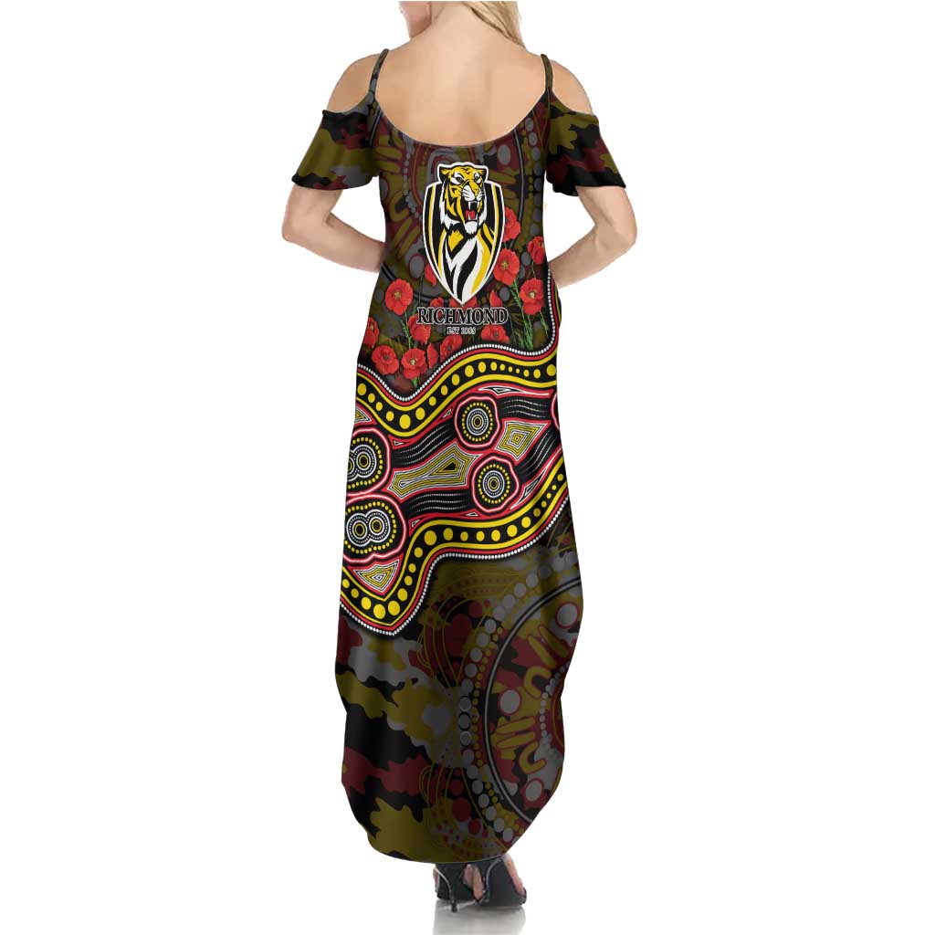 Richmond Tigers ANZAC Day Summer Maxi Dress Indigenous Dot Art with Poppy Flower Tribute