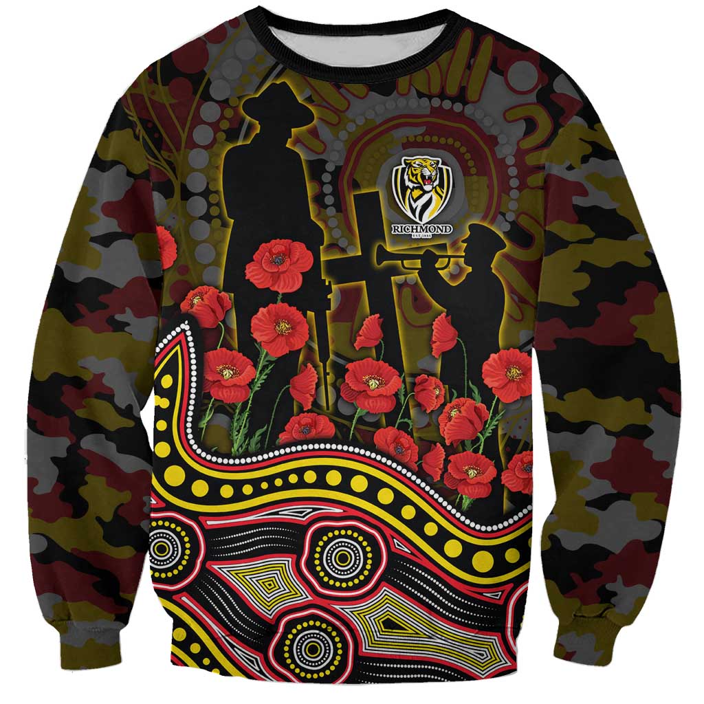 Richmond Tigers ANZAC Day Sweatshirt Indigenous Dot Art with Poppy Flower Tribute