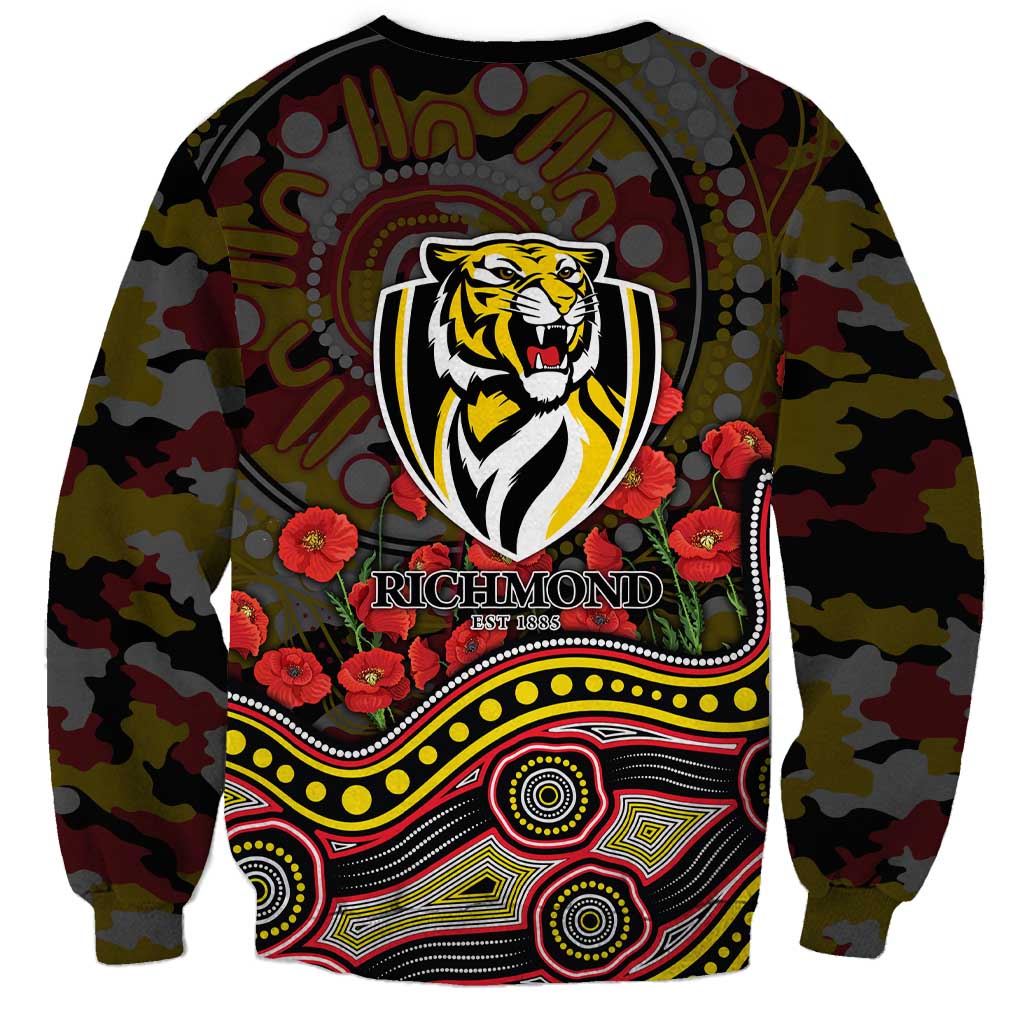 Richmond Tigers ANZAC Day Sweatshirt Indigenous Dot Art with Poppy Flower Tribute