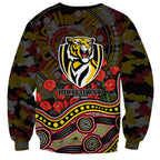 Richmond Tigers ANZAC Day Sweatshirt Indigenous Dot Art with Poppy Flower Tribute