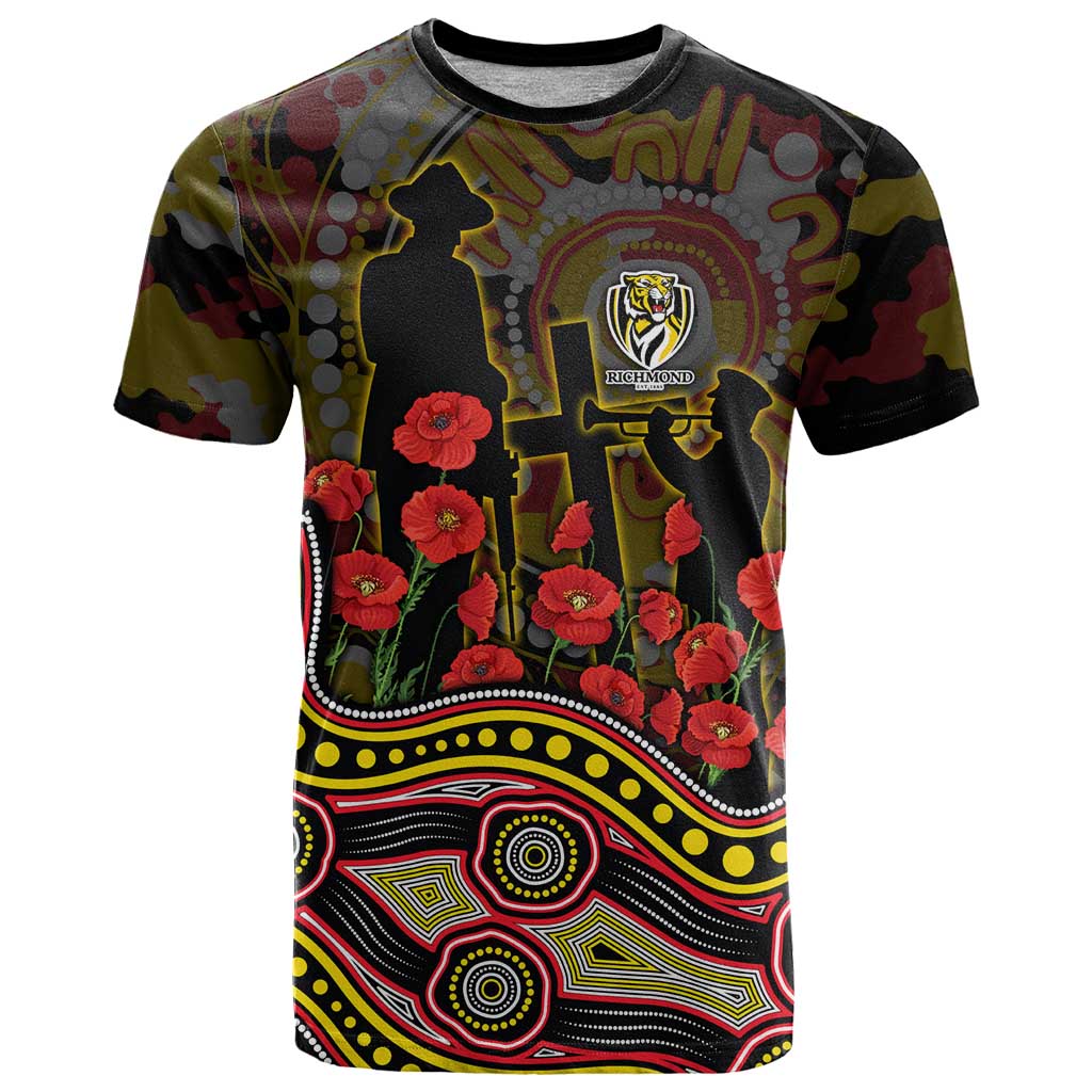 Richmond Tigers ANZAC Day T Shirt Indigenous Dot Art with Poppy Flower Tribute