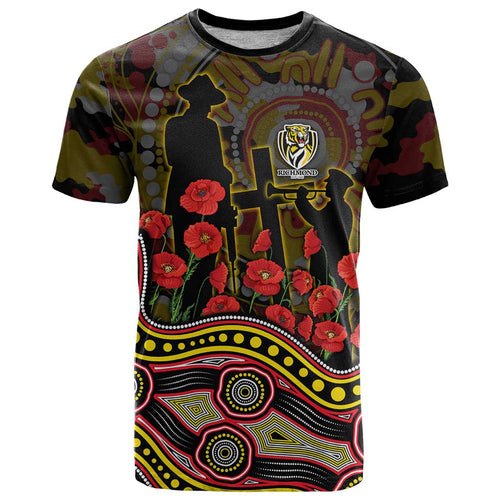 Richmond Tigers ANZAC Day T Shirt Indigenous Dot Art with Poppy Flower Tribute