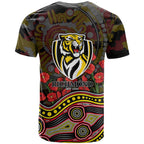 Richmond Tigers ANZAC Day T Shirt Indigenous Dot Art with Poppy Flower Tribute