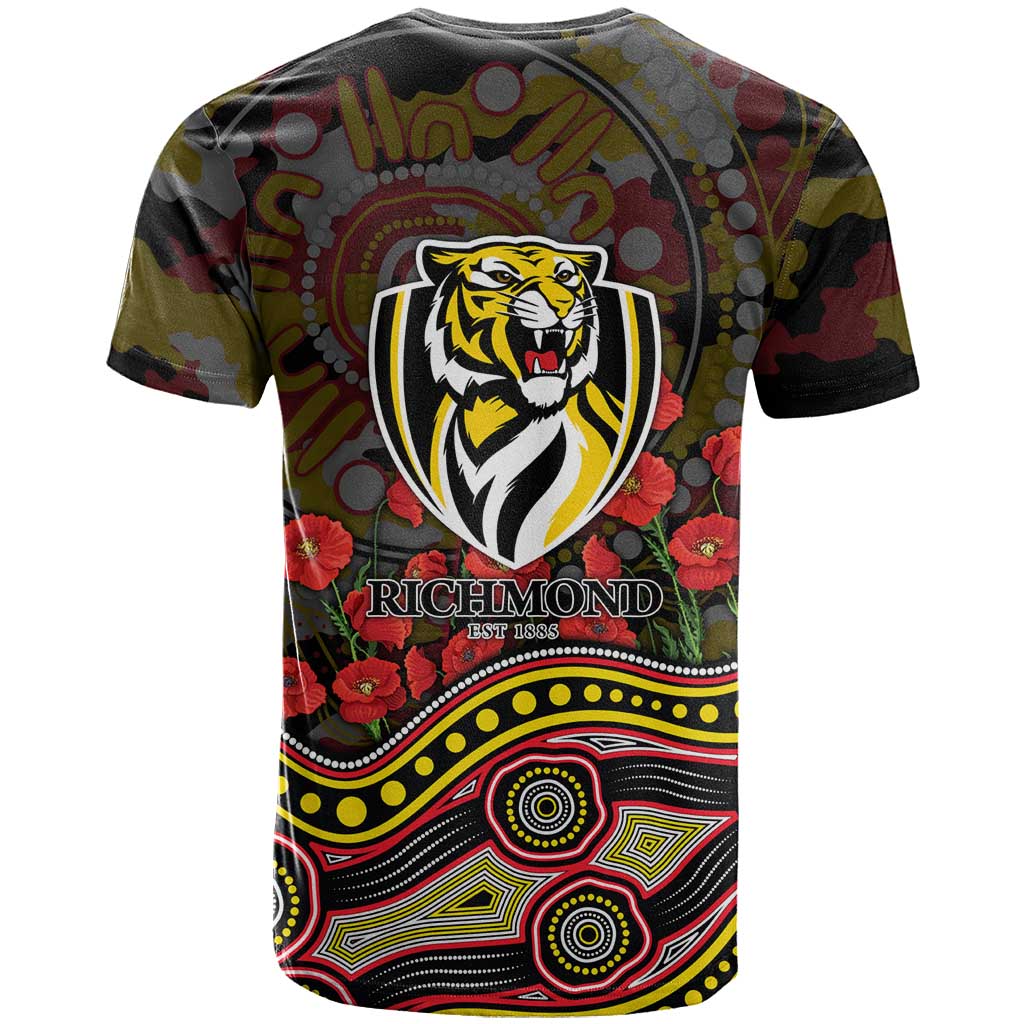 Richmond Tigers ANZAC Day T Shirt Indigenous Dot Art with Poppy Flower Tribute