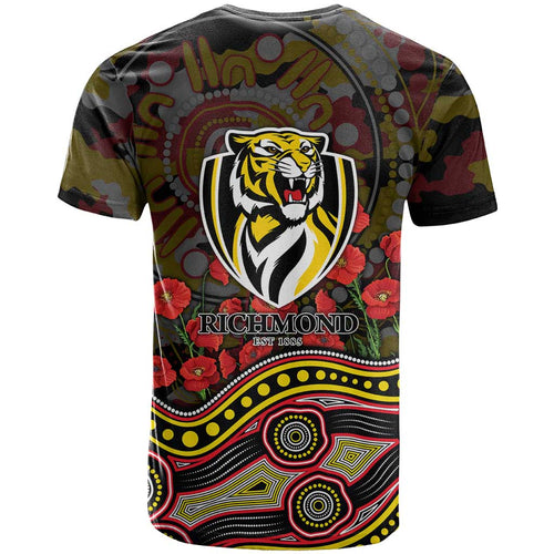 Richmond Tigers ANZAC Day T Shirt Indigenous Dot Art with Poppy Flower Tribute