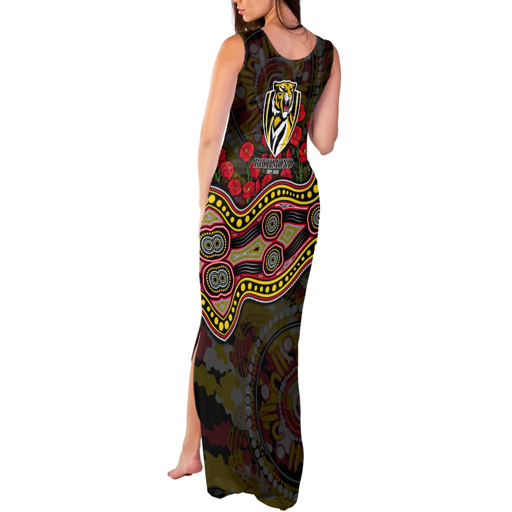 Richmond Tigers ANZAC Day Tank Maxi Dress Indigenous Dot Art with Poppy Flower Tribute